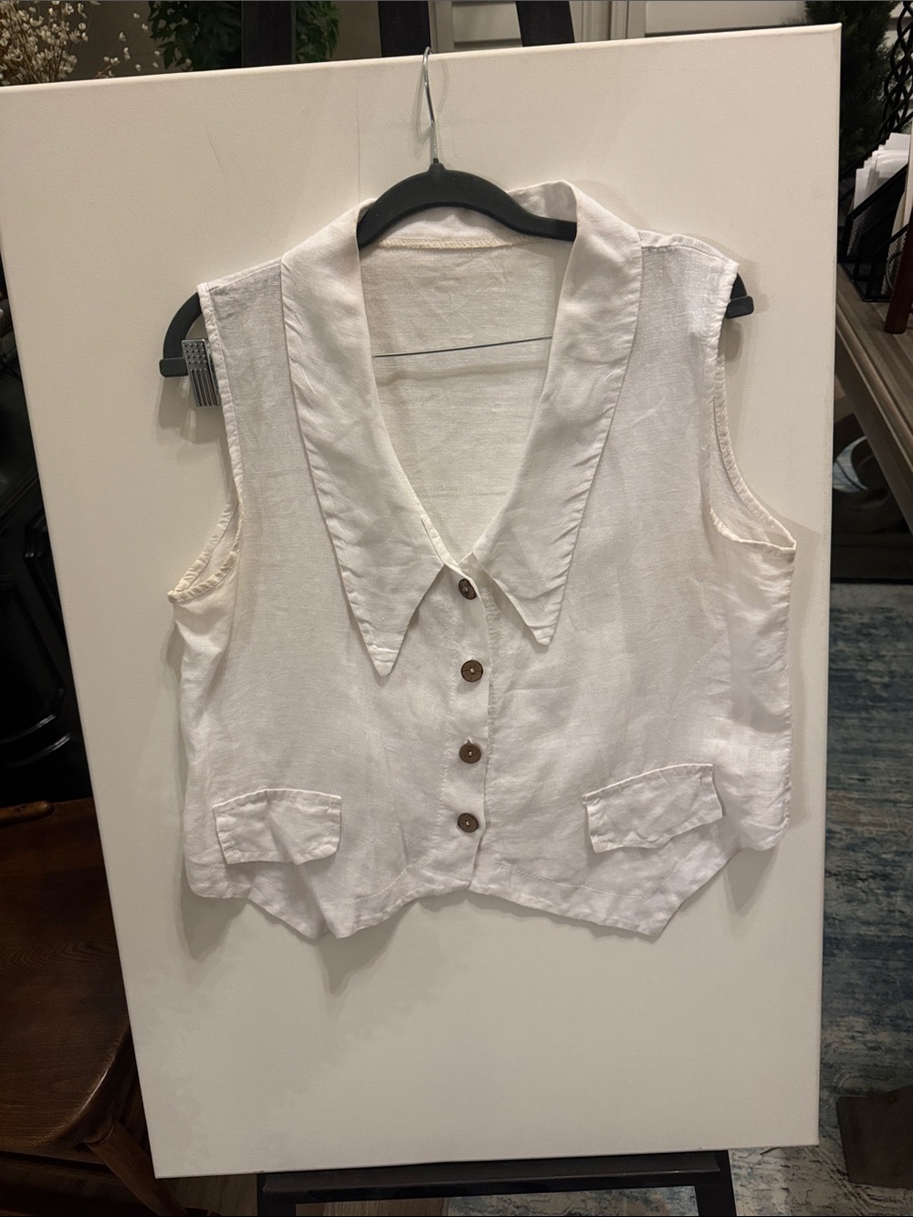 Women's White Sleeveless Button Front 100% Linen Vest